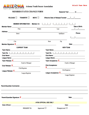 Arizona Youth Soccer Association Member Status Change Form