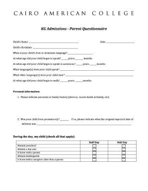 Kindergarten Admissions Parent Questionnaire