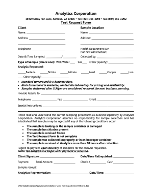 Test Request Form for Environmental Samples