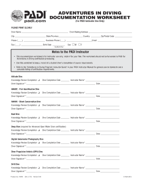 Adventures in Diving Documentation Worksheet