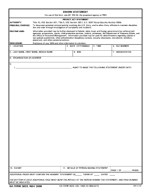 DA Form 2823 Sworn Statement