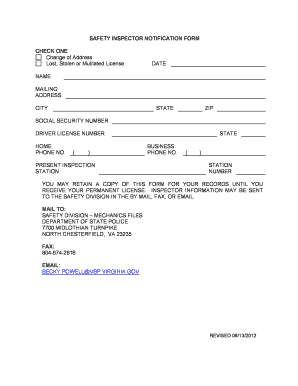 Safety Inspector Notification Form
