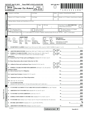 Vermont 2014 Income Tax Return Form IN-111