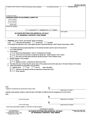 Ex Parte Petition for Approval of Sale of Personal Property