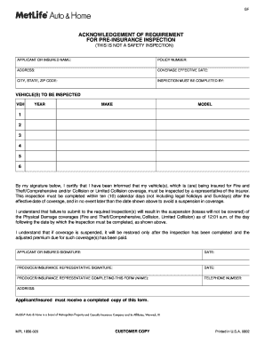 Acknowledgement of Requirement for Pre-Insurance Inspection