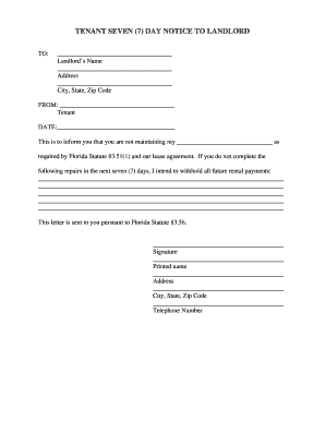 Florida Tenant 7 Day Notice to Landlord