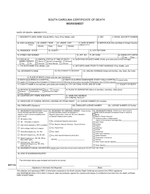 South Carolina Certificate of Death Worksheet