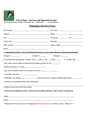 Pet Loss and Memorial Services Preplanning Form