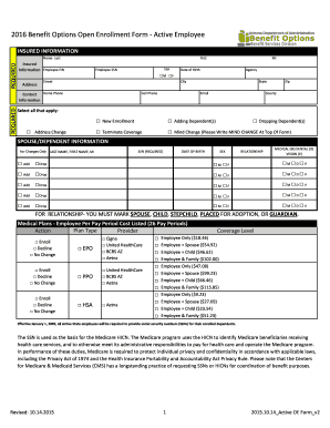 2016 Arizona Active Employee Benefit Options Open Enrollment Form