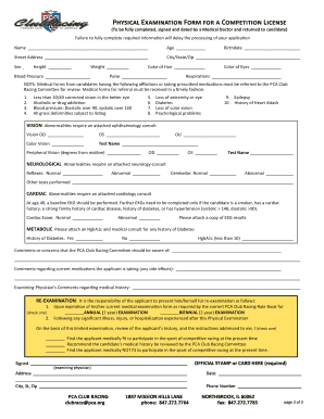 Porsche Club Racing Physical Examination Form
