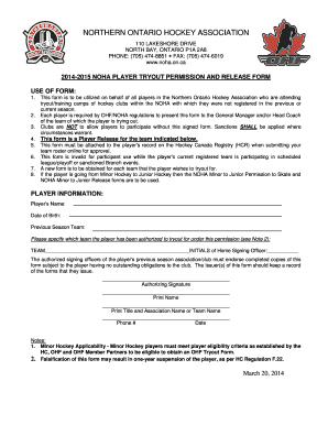 NOHA Player Tryout Permission and Release Form