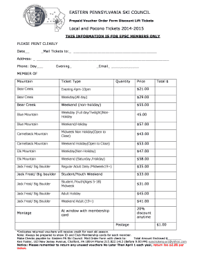 Eastern PA Ski Council Prepaid Voucher Order Form