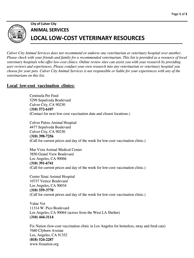 Fillable Online Culvercitypd LOCAL LOW COST VETERINARY RESOURCES Fax