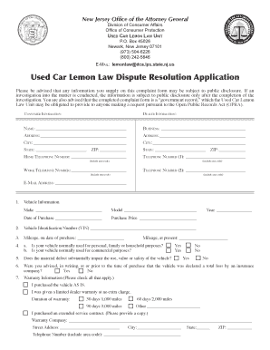 New Jersey Used Car Lemon Law Dispute Resolution Application