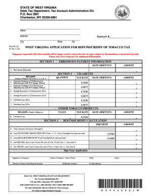 West Virginia Tobacco Tax Refund/Credit Application