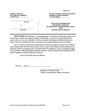 North Carolina Equitable Distribution Inventory Affidavit