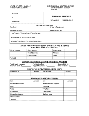 North Carolina Financial Affidavit