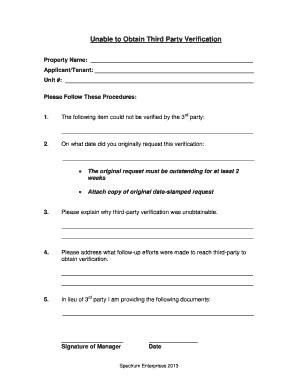 Unable to Obtain Third Party Verification Form