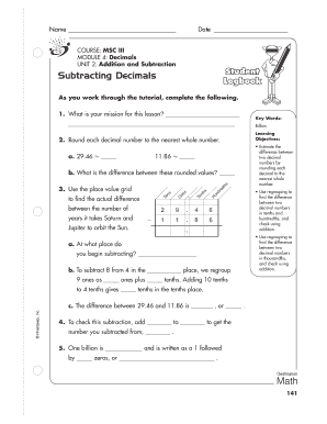 Subtracting Decimals Worksheet