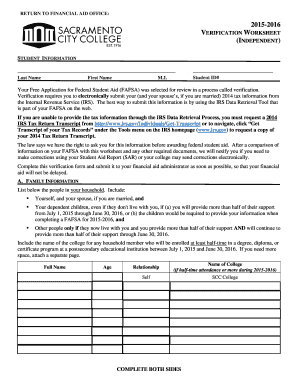 2015-2016 Verification Worksheet Independent