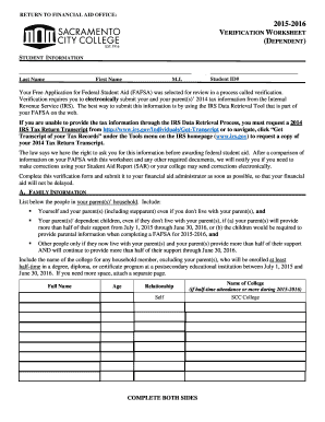 2015-2016 Verification Worksheet (Dependent)