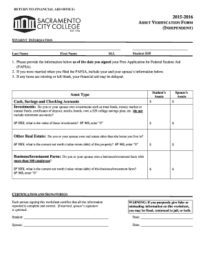 2015-2016 Asset Verification Form