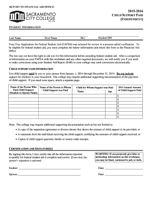 2015-2016 Child Support Paid Verification Form
