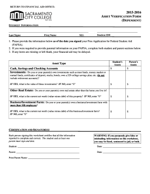 2015-2016 Asset Verification Form (Dependent)