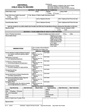 New Jersey Child Health Record Form