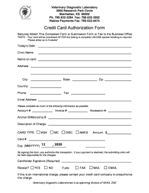 Veterinary Diagnostic Laboratory Credit Card Authorization Form