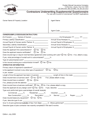 Contractors Underwriting Supplemental Questionnaire