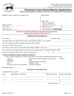 New York Personal Lines Inland Marine Application