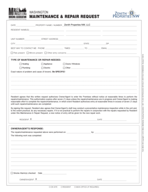 Washington Zenith Maintenance & Repair Request Form