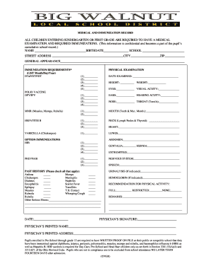 Kindergarten Immunization Record Form
