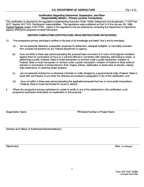 USDA Debarment Suspension Certification Form