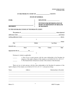 Georgia Petition for Determination of Right of Disposition of Remains