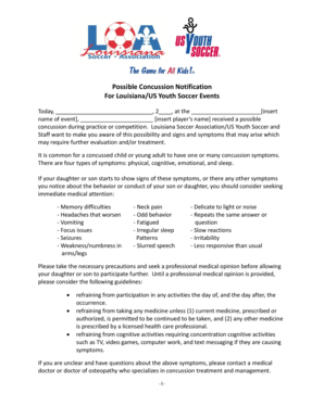 Louisiana Youth Soccer Concussion Notification Form