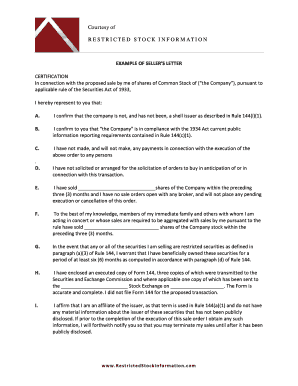 Seller's Letter Certification for Restricted Stock