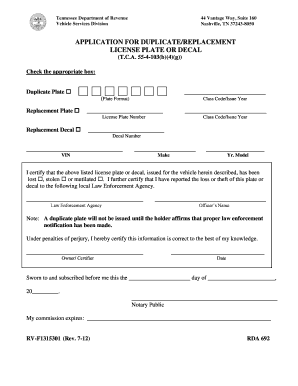 Tennessee Duplicate License Plate Application