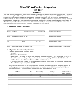 2014–2015 Verification Worksheet for Independent Tax Filer