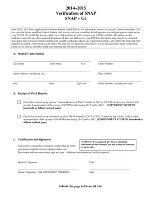2014–2015 SNAP Verification Worksheet