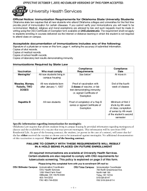 Oklahoma State University Immunization Requirements Form
