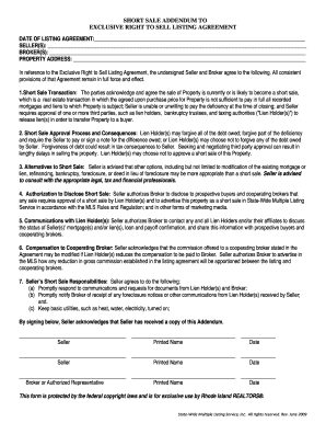 Short Sale Addendum to Exclusive Right to Sell Listing Agreement