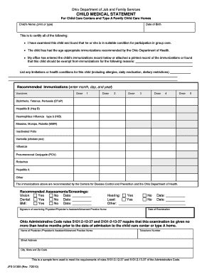 Ohio Child Medical Statement for Child Care