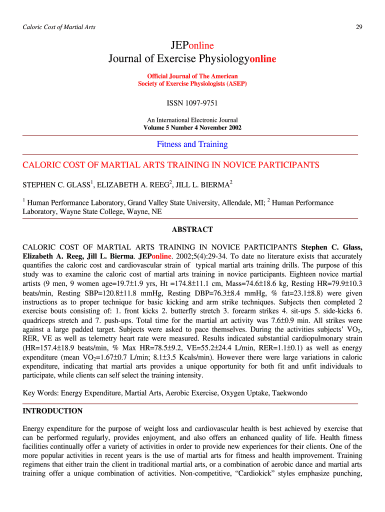 Fillable Online Caloric Cost of Martial Arts Fax Email Print pdfFiller