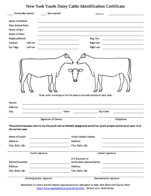New York Youth Dairy Cattle Identification Certificate