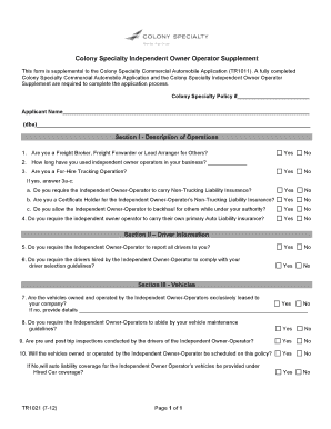 Colony Specialty Independent Owner Operator Supplement