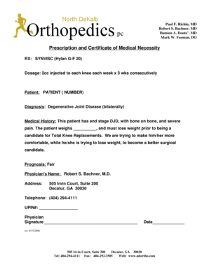 Certificate of Medical Necessity for Synvisc Injection