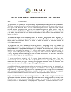 2014 1120 Income Tax Return Annual Engagement Letter