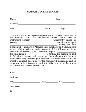Alabama Dishonored Check Notice